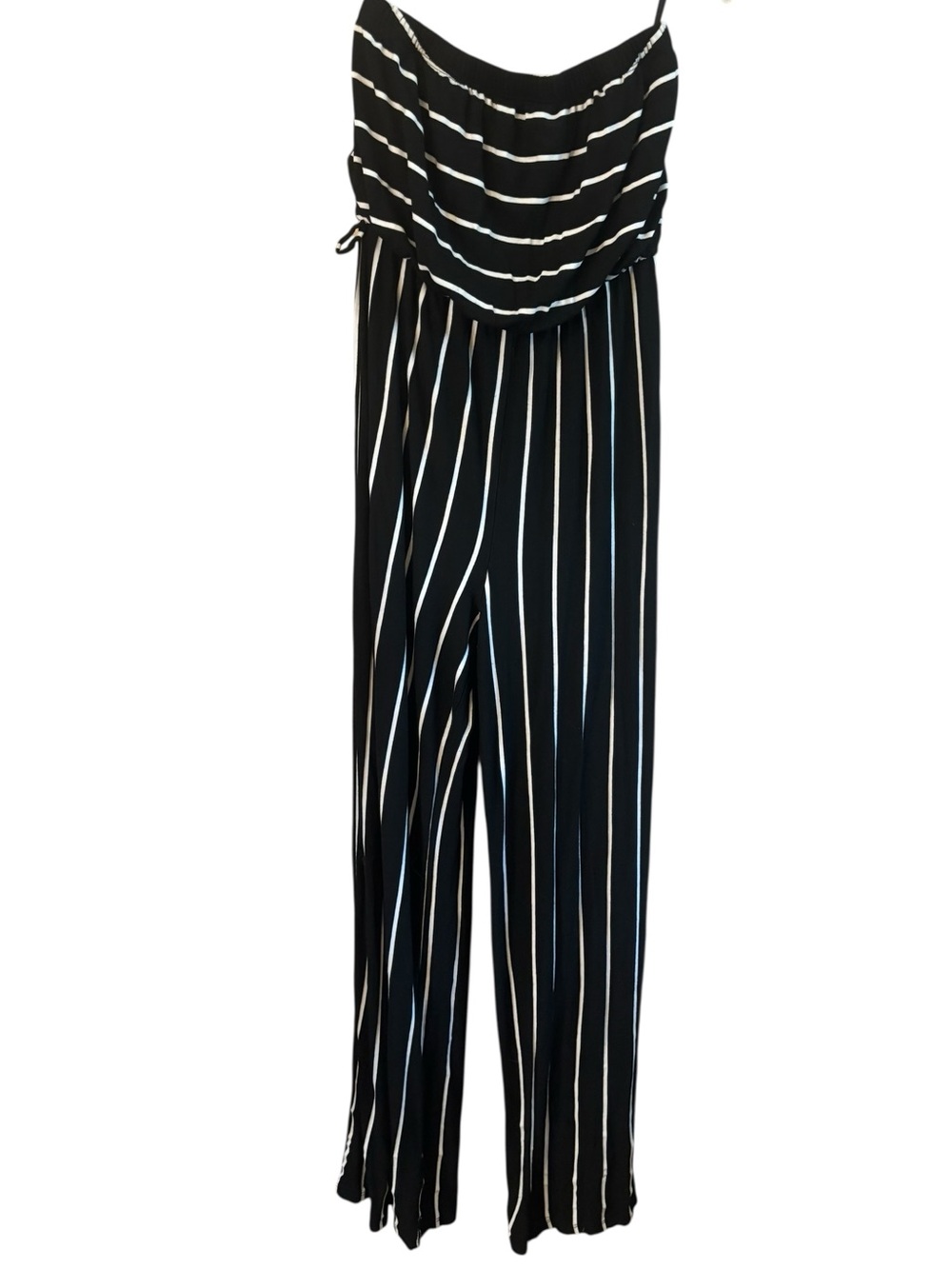 Fashion Magazine Jumpsuit Medium Black White Striped Sleeveless Strapless Flowy